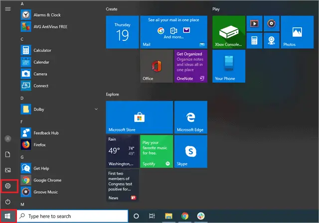 To open the Settings app from Start menu