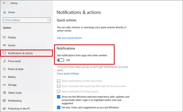 how to turn off notifications in windows 10 from the Notifications & actions tab