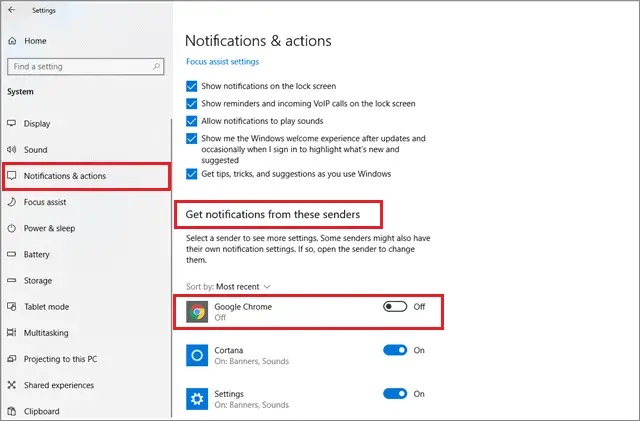 how to turn off notifications windows 10 for Google Chrome