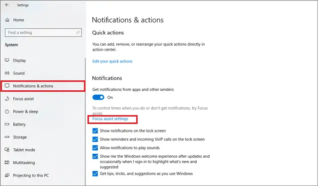 open Focus assist settings to turn off notifications windows 10