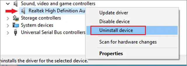  Uninstall Realtek High Definition Audio driver from Device Manager 