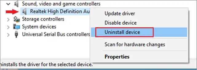 Uninstall Realtek High Definition Audio driver from Device Manager