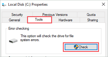 Click on the Check button to fix Kernel Security Check Failure in Windows 10 