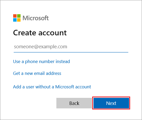Enter the credentials and click Next to create a new Microsoft account
