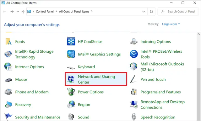 Select Network and Sharing Center