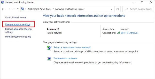 Click on change adapter settings