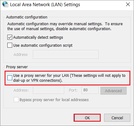 Uncheck Use a proxy server
