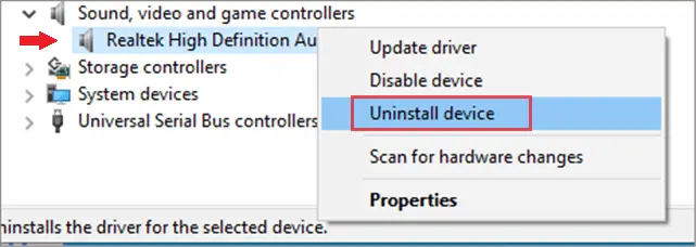 Uninstall Sound, video and game controllers  to fix headphone jack not working