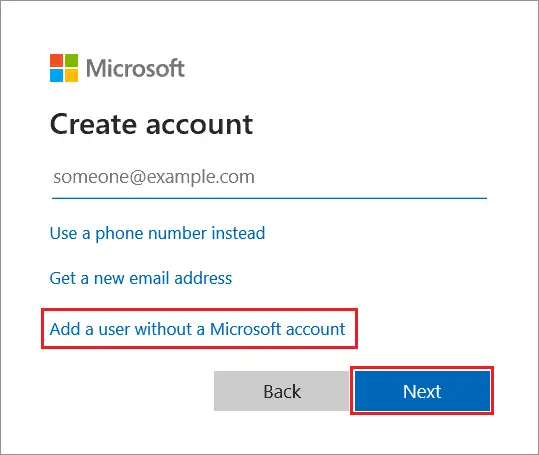 Select Add a user without a Microsoft account