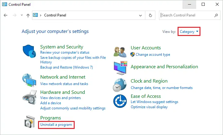 Click on Uninstall a program to fix apc index mismatch windows 10