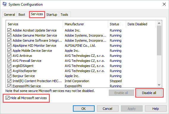 Disable third-party services to fix apc index mismatch windows 10