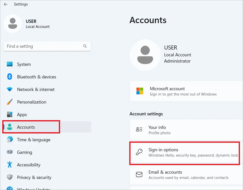 Accounts > Sign-in options