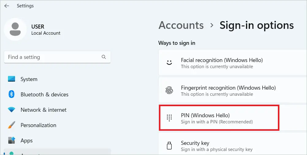 Select PIN (Windows Hello)