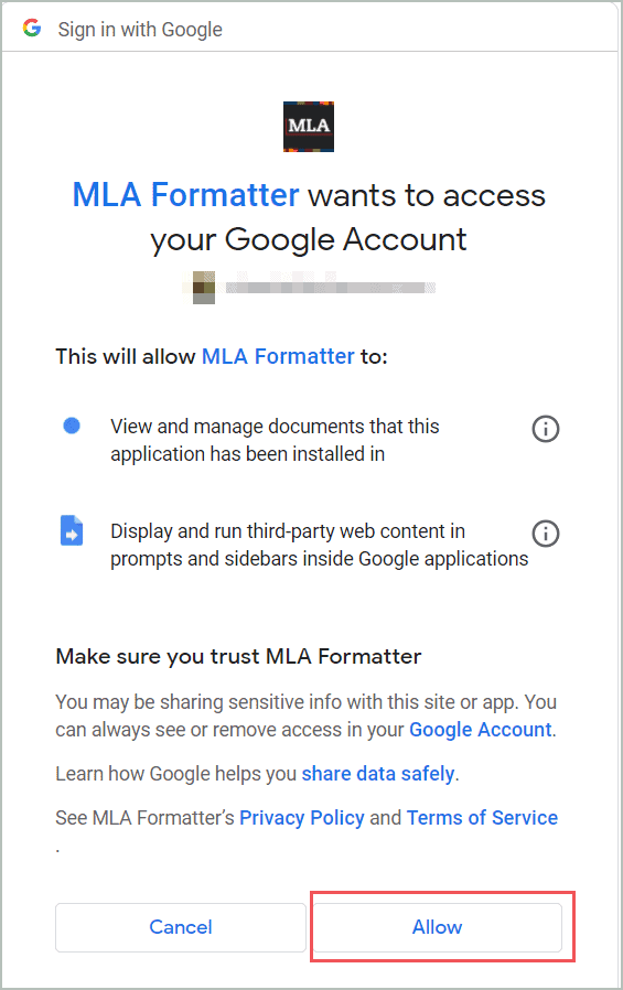 Click Allow for APA format in google docs