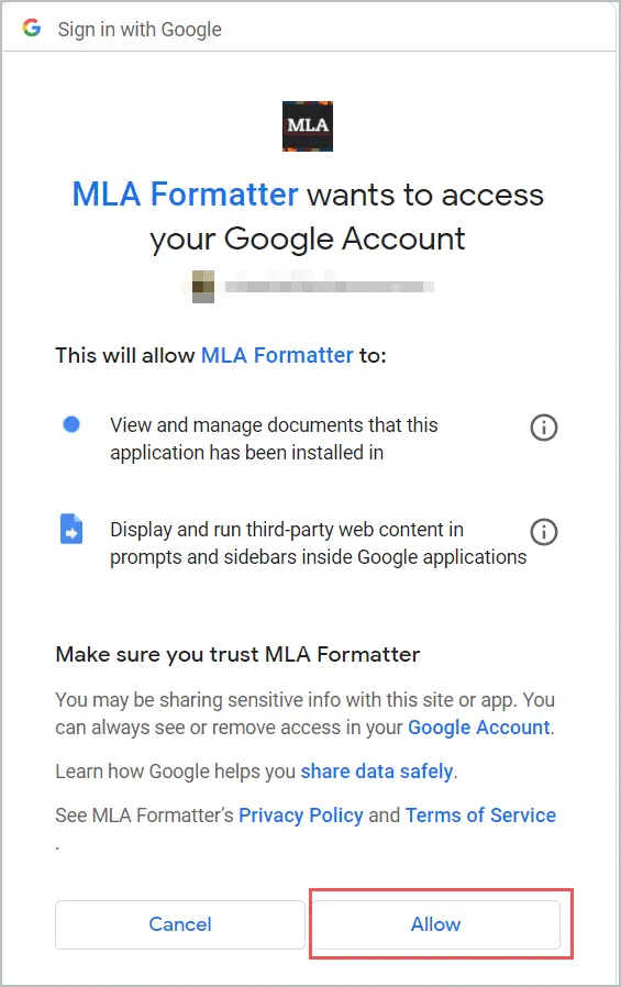 Click Allow for APA format in google docs