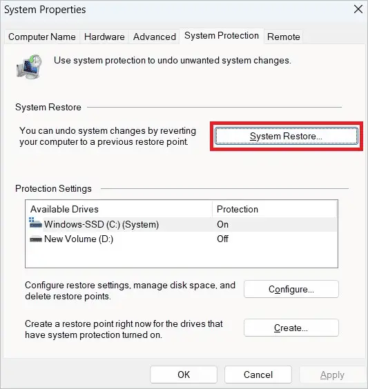 Click System Restore for windows 11 pin not available