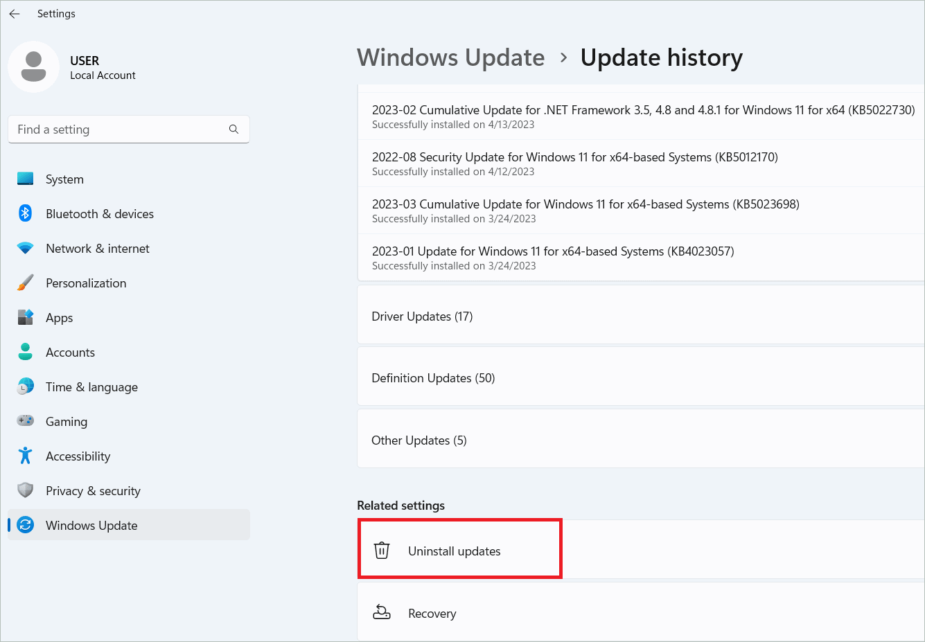 Select Uninstall updates