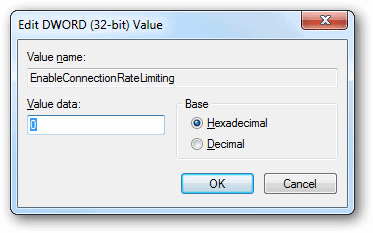 Set the value data of EnableConnectionRateLimiting to zero Set-the-value-data-of-EnableConnectionRateLimiting-to-zero