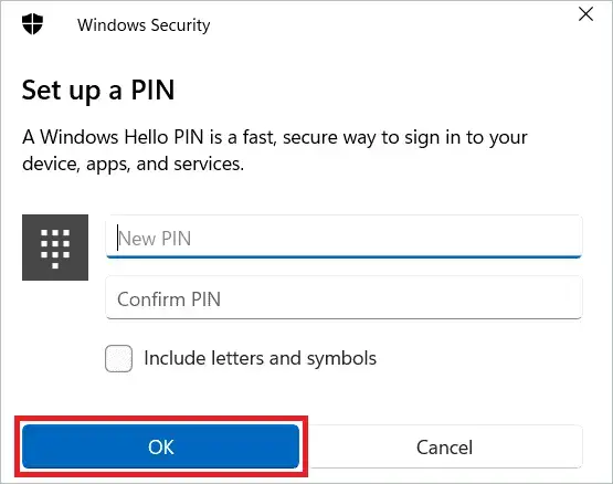 Enter new PIN and click OK