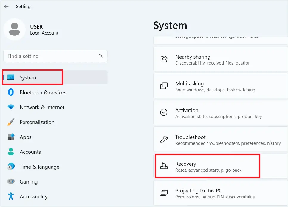 Select System > Recovery for windows 11 pin not available