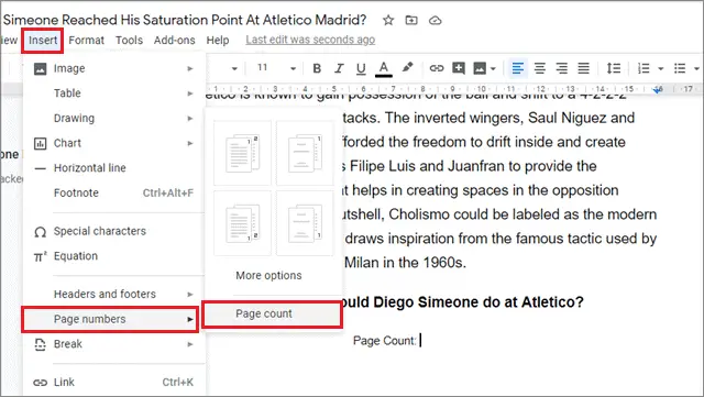 how to add page numbers in google docs from the Insert menu