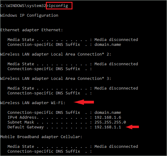 ipconfig command execution