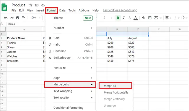 how to merge cells in google sheets using the format menu