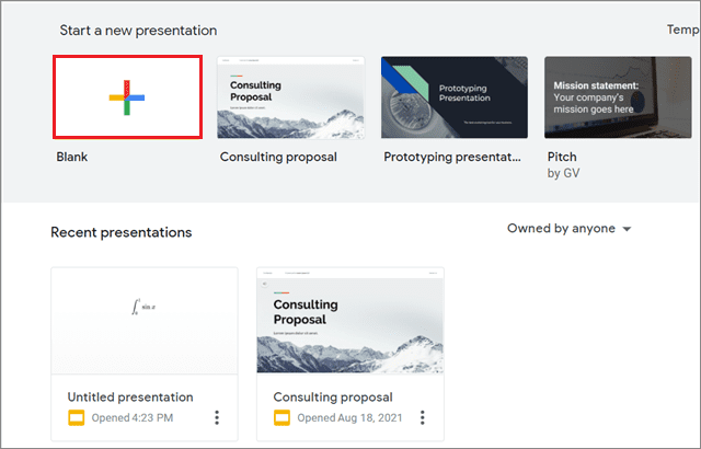 Click on Blank to open a new presentation