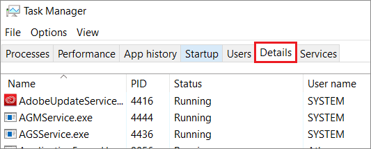 Start Task Manager and open the Details tab