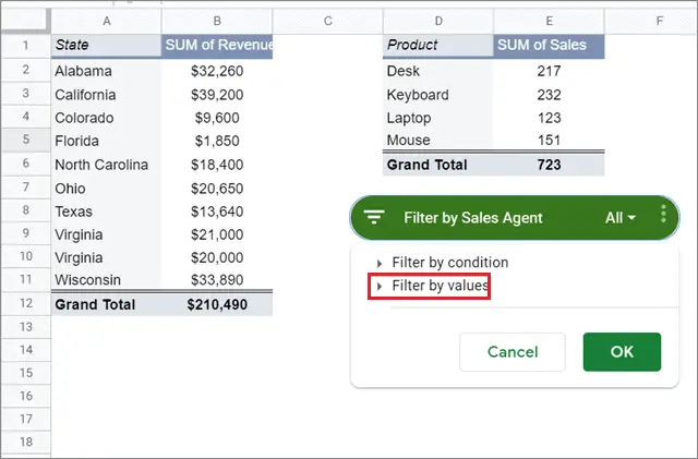Open Filter by value menu