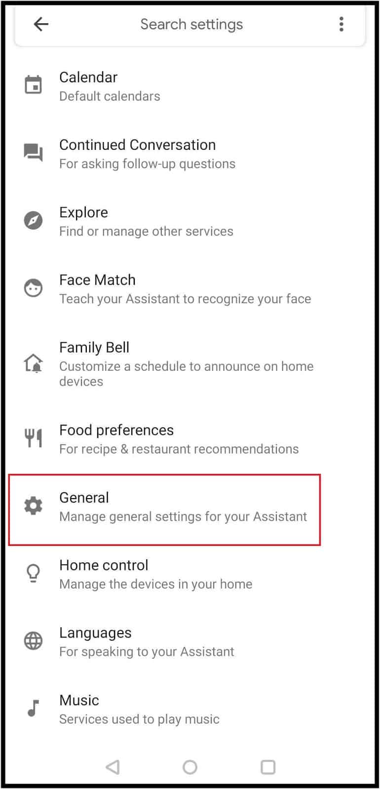 Open General Google Assistant settings