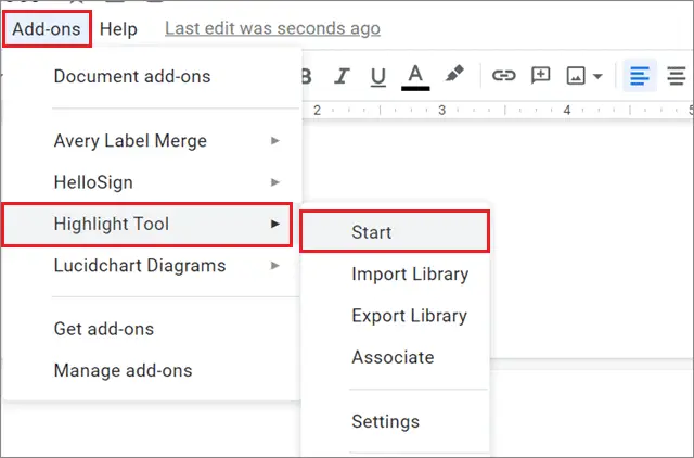 Choose Start from the menu in the Google Doc to open the Highlight Tool