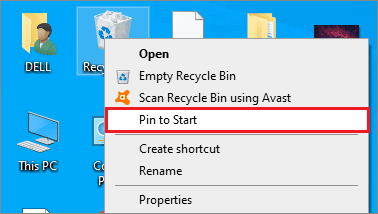 open recycle bin from start menu shortcut