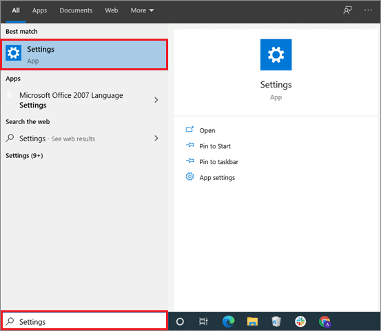 Open Settings window from the Start menu