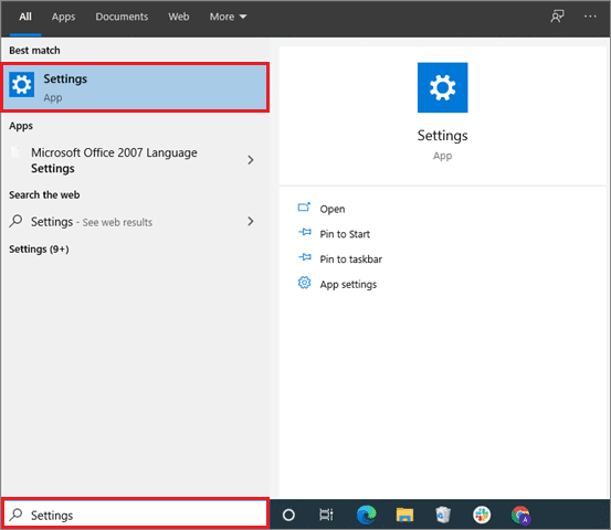 Open Settings from the Cortana search bar