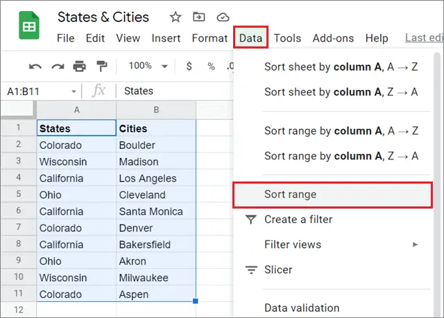 Open the sort range dialog box