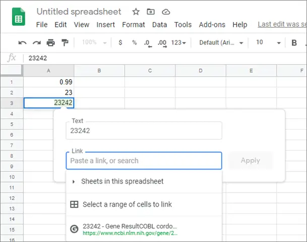 Open the link inserting dialog box for how to link cells in google sheets
