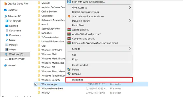 Open WindowsApps properties