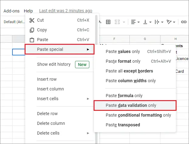 paste special data alidation cell