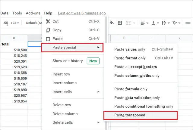 Right-click on the selected cell, click on Paste special, and select Paste transposed