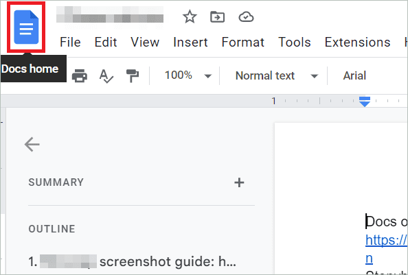 Click on the Docs Home icon