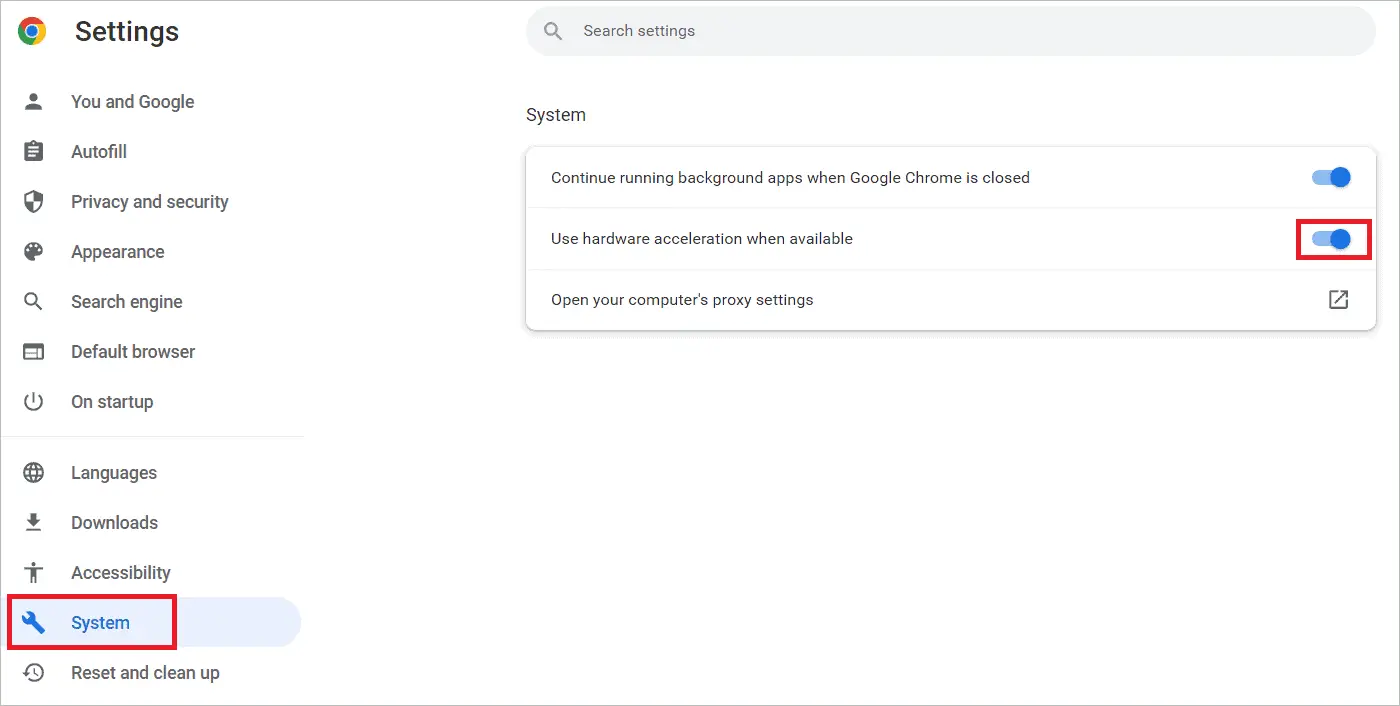 Select System and toggle Use hardware acceleration when available button off