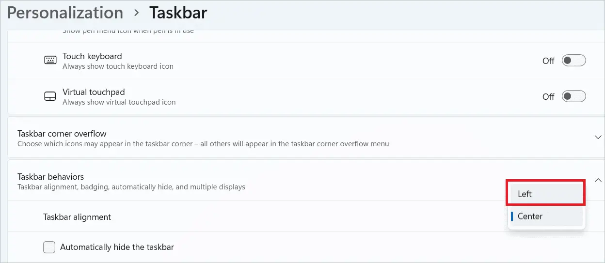 Select Left alignment