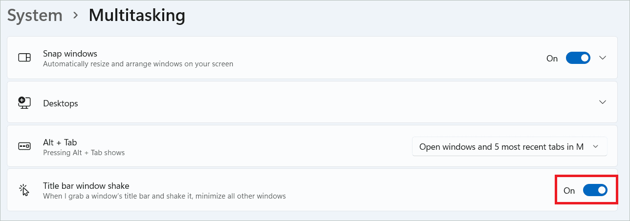 Toggle on Title bar window shake windows 11 hidden features