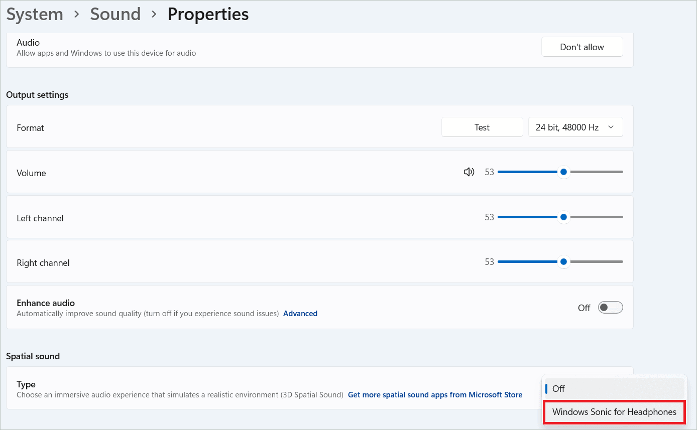 Select Windows Sonic for Headphones