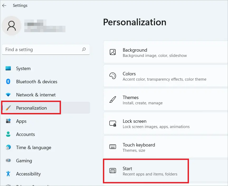 Go to Settings > Personalization >Start