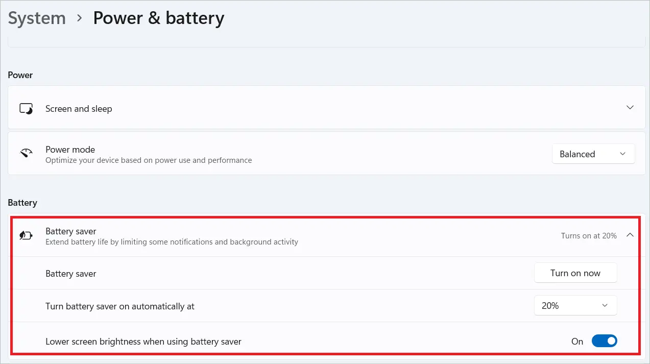 Battery saver settings