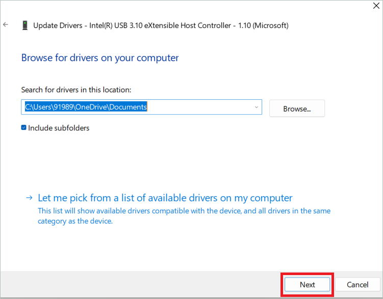 Select the driver installer file and click Next to update usb drivers