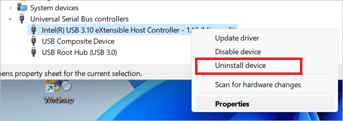 Select Uninstall device to update usb drivers