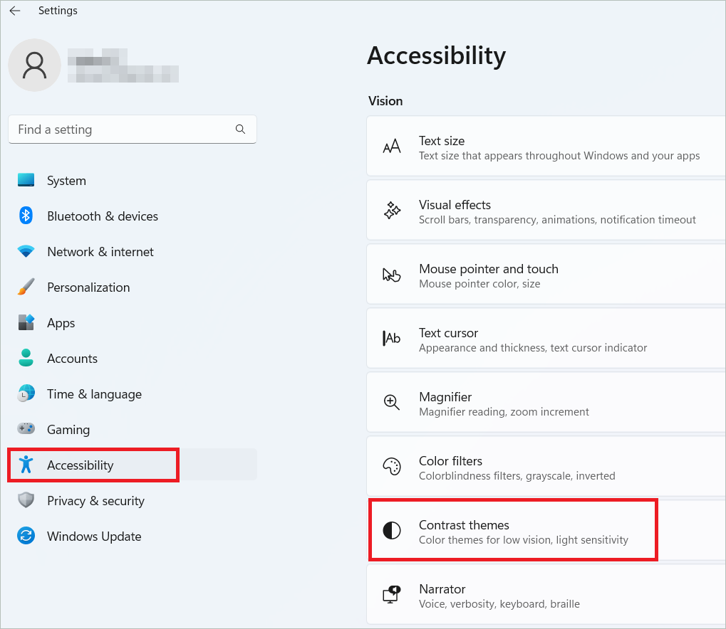 Select Accessibility > Contrast themes